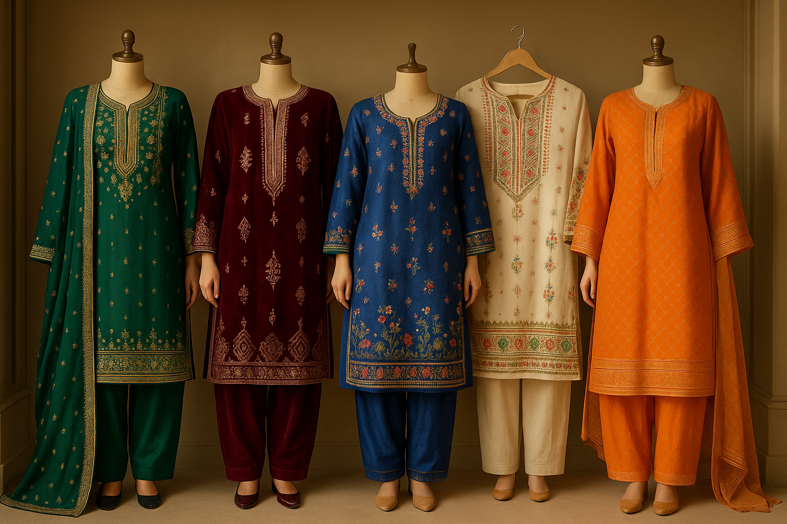 Generate five Pakistani Traditional suits